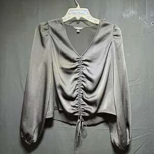 Express Black Long Sleeve Ruched Front Drawstring V-Neck Blouse